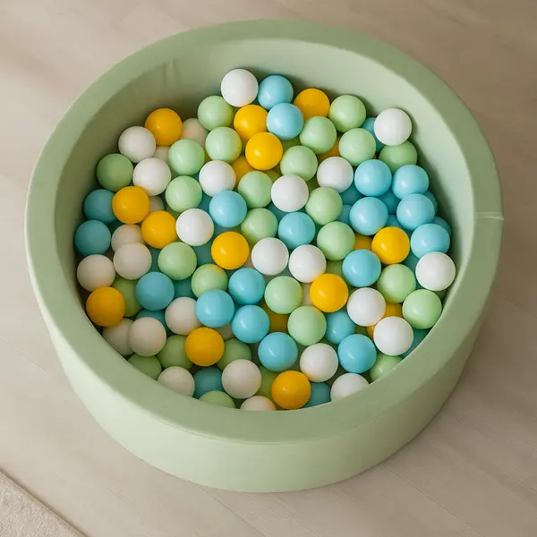 Set 200 bile din plastic 7 cm MeowBaby pentru centru de joaca verde deschis, baby blue, alb si galben