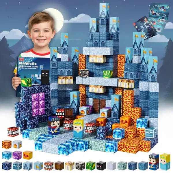 Set 200 piese magnetice de constructie - Minecraft Blocks Blue Castle