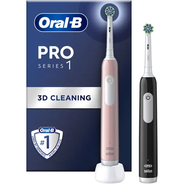 Set 2x Periuta de dinti electrica Oral-B Pro 1, Curatare 3D, 1 program, 1 capat de periaj, Negru Roz