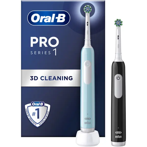 Set 2x Periuta de dinti electrica Oral-B Pro 1, Curatare 3D, 3 programe, 1 capat de periaj, Negru Albastru