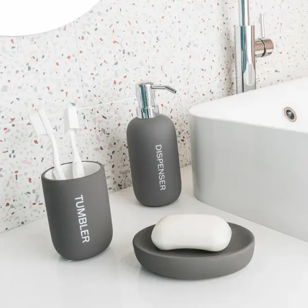 Set 3 accesorii pentru baie format din savoniera, dozator sapun si pahar igiena dentara, Ceramica cauciucata, Gri