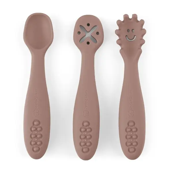 Set 3 lingurite, Petite&Mars, Take&Match, Din silicon, Diverse forme, Pentru supa, paste, alimente usoare, Dezvolta simturile si abilitatile senzoriale, Adecvate pentru masina de spalat vase, Fara BPA, 6 luni+, Velvet Latte, Maro