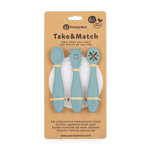Set 3 lingurite PetiteMars Frosted Sky Albastru TakeMatch din silicon, pentru supa, paste, alimente usoare, fara BPA, 6 luni+