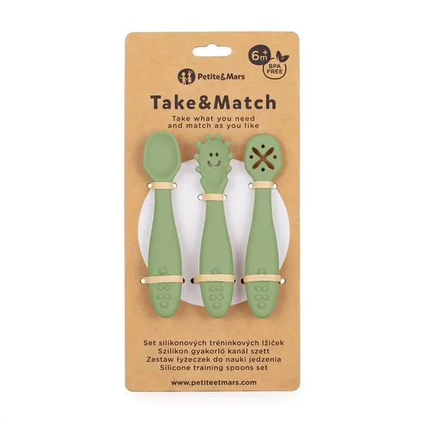 Set 3 lingurite PetiteMars Sweet Pea Verde TakeMatch din silicon, pentru supa, paste, alimente usoare, fara BPA, 6 luni+