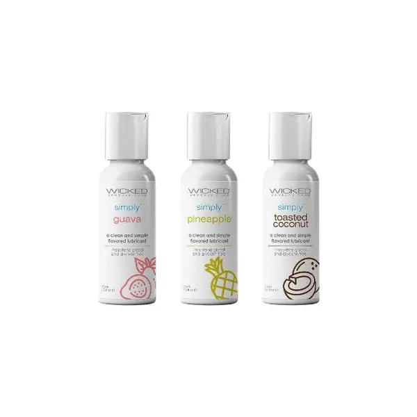 Set 3 lubrifianți WICKED Simply Tropical Trio, formulă inovatoare pe bază de apă, cu arome de guava, ananas și cocos, 3 x 30 ml