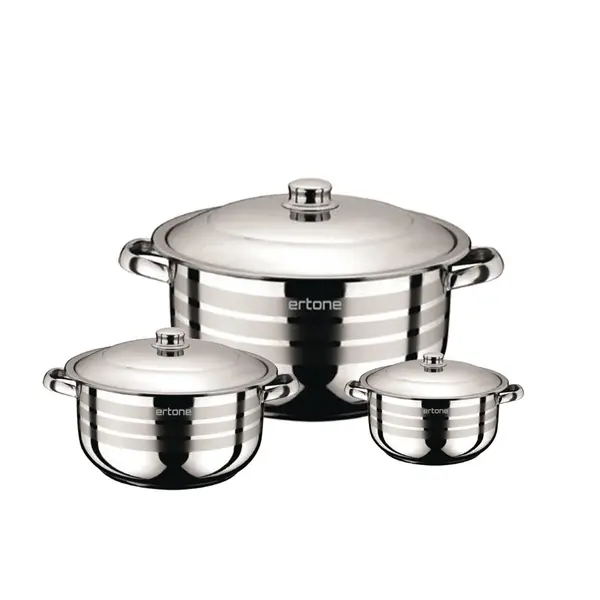 Set 3 oale din inox Ertone MN-515 cu 3 capace din sticla, 20cm/3.2L, 22cm/4,5L, 24cm/6,3L, Inox Engros
