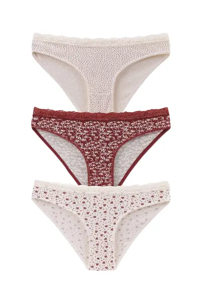 Set 3 perechi de chiloti din bumbac, cu dantela, pentru dama, 39750, Rosu/Crem