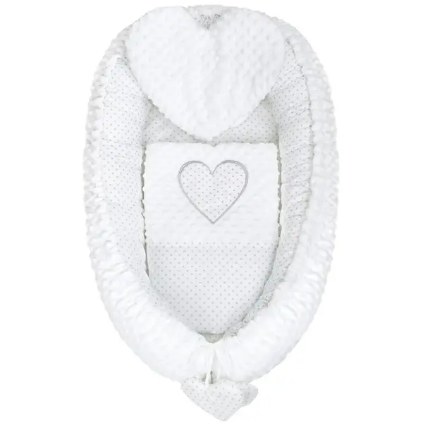 Set 3 piese, New Baby, Luxury, Baby Nest cu doua fete, Cu paturica si pernuta in forma de inima, Minky Heart White