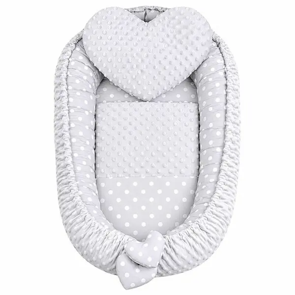 Set 3 piese, New Baby, Luxury, Baby Nest, Cu paturica si pernuta in forma de inima, Minky Heart Grey