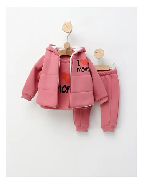 Set 3 piese vatuit, cu Vesta, I love MOM, roz-aprins