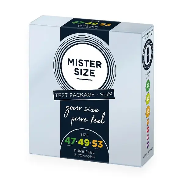 Set 3 prezervative MISTER SIZE Test Set, lubrifiate, din latex, diametru 47/49/53 mm