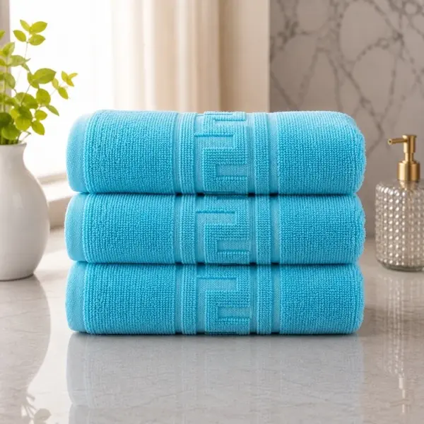 Set 3 prosoape mari, Greek Border, 70x130cm, din 100% bumbac pakistanez, 480g, Albastru Bleu