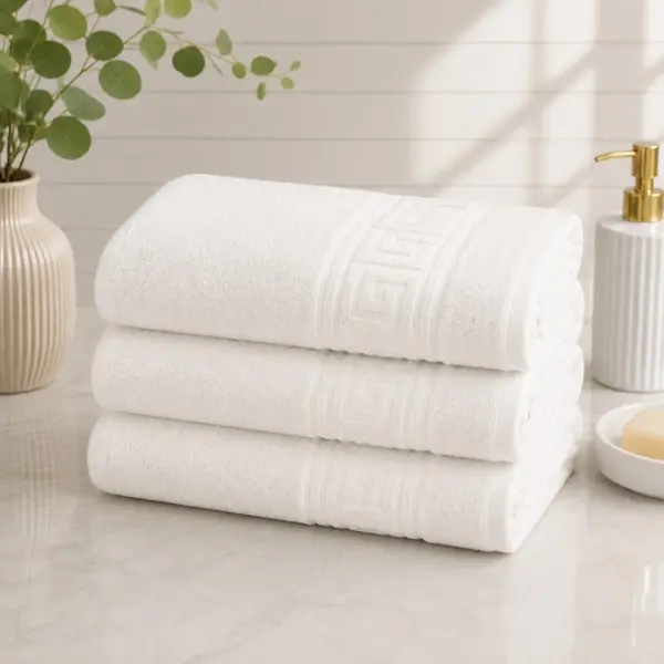 Set 3 prosoape mari, Greek Border, 70x130cm, din 100% bumbac pakistanez, 480g, Alb