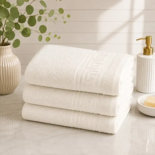 Set 3 prosoape mari, Greek Border, 70x130cm, din 100% bumbac pakistanez, 480g, Alb Unt