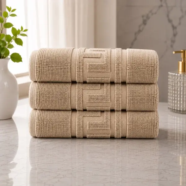 Set 3 prosoape mari, Greek Border, 70x130cm, din 100% bumbac pakistanez, 480g, Bej
