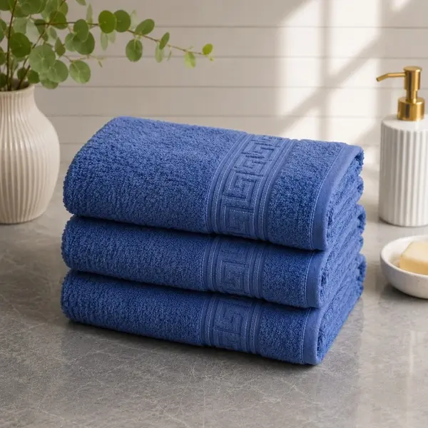 Set 3 prosoape mari, Greek Border, 70x130cm, din 100% bumbac pakistanez, 480g, Albastru