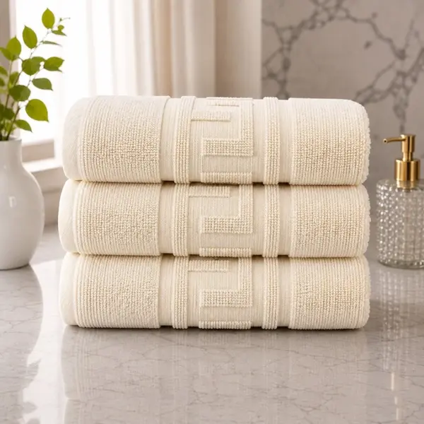 Set 3 prosoape mari, Greek Border, 70x130cm, din 100% bumbac pakistanez, 480g, Crem