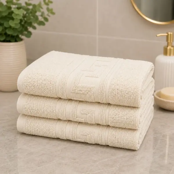 Set 3 prosoape mari, Greek Border, 70x130cm, din 100% bumbac pakistanez, 500g, Crem