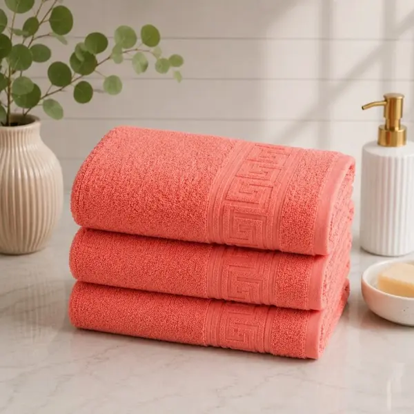 Set 3 prosoape mari, Greek Border, 70x130cm, din 100% bumbac pakistanez, 480g, Corai