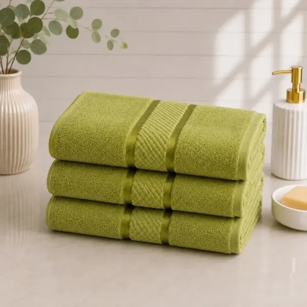 Set 3 prosoape mari, Line, 70x130cm, din 100% bumbac pakistanez, 400g, Verde