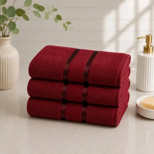 Set 3 prosoape mari, Line, 70x130cm, din 100% bumbac pakistanez, 400g, Rosu Grena