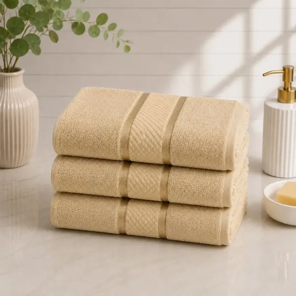 Set 3 prosoape mari, Line, 70x130cm, din 100% bumbac pakistanez, 400g, Bej