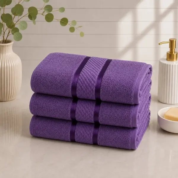 Set 3 prosoape mari, Line, 70x130cm, din 100% bumbac pakistanez, 400g, Mov