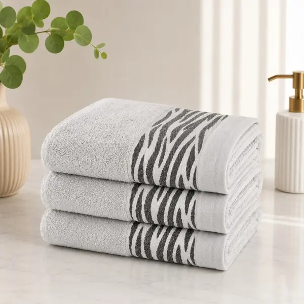 Set 3 prosoape mari, Waves, 70x130cm, din 100% bumbac pakistanez, 460g, Gri deschis