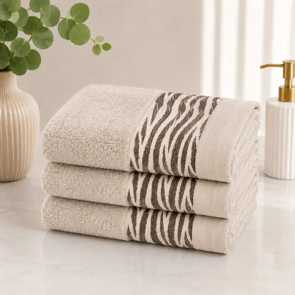Set 3 prosoape mari, Waves, 70x130cm, din 100% bumbac pakistanez, 460g, Bej