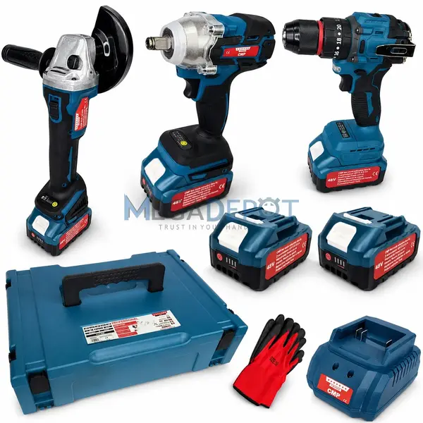 Set 3 scule cu 2 acumulatori 48v, Polizor Unghiular, Cheie impact, Masina de gaurit si insurubat Bormasina, manusi cadou Campion PROFESSIONAL CMP1849