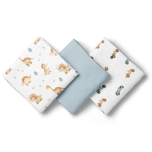 Set 3 scutece, Bocioland, Din muselina, Hipoalergenice, Dimensiune 70 x 70 cm, Blue