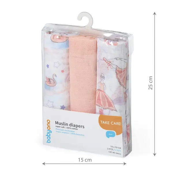 Set 3 scutece din muselina super soft Babyono 34811 din bumbac 70x70 cm