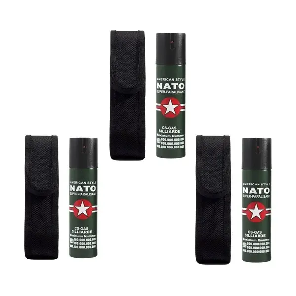 Set 3 Spray-uri Paralizante NATO Defence, 90 ml, Propulsie Jet, Verde, Husa Inclusa