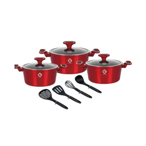 Set 3 Vase din Aluminiu cu Capace din Sticla si 4 Ustensile, Rosii, Compatibile cu Plita cu Inductie, Grunberg