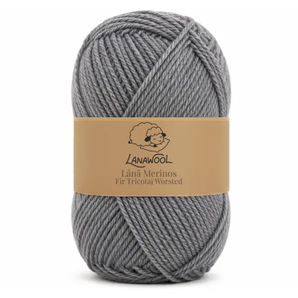 Set 3 x Fir de tricotat crosetat Lana 100% Merinos, LanaWool, 170m 100g, 2-3mm grosime, Worsted Aran, Gri 236G Gri
