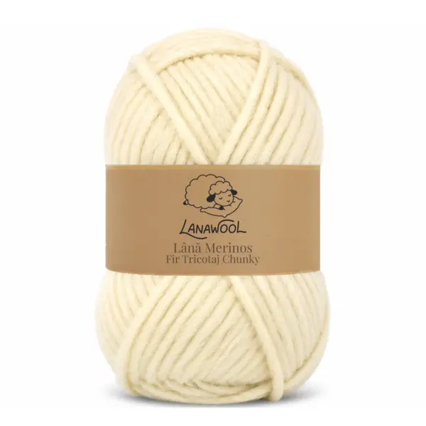 Set 3 x Fir de tricotat crosetat Lana 100% Merinos, LanaWool, 120m 100g, 3-4mm grosime, Chunky, Alb Natur 59AN Alb