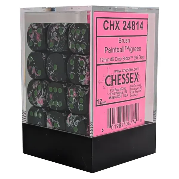 Set 36 Zaruri Chessex Brush d6 Dice 12mm - Paintball/Verde