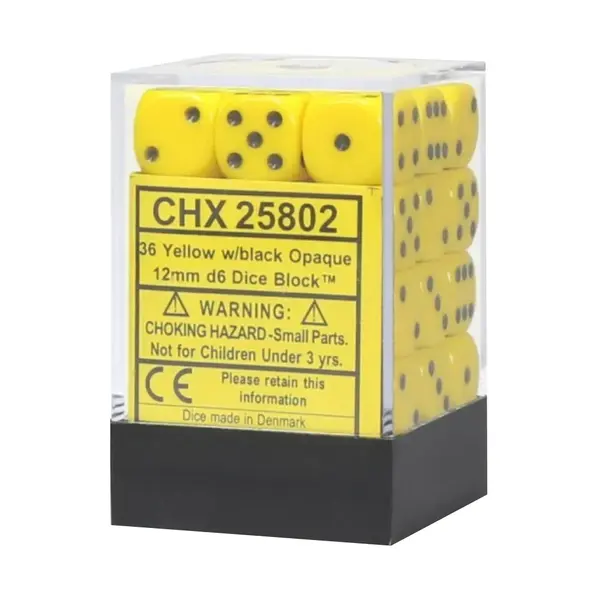 Set 36 Zaruri Chessex Opaque 12mm d6 Dice Block - Galben/Negru