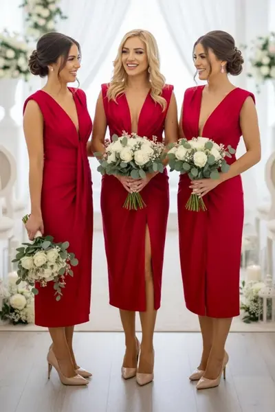 Set 3x Rochie lunga satinata Ilaria, cu crapatura pe picior, Rosu, Marime S/M