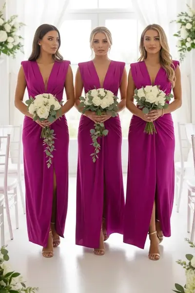 Set 3x Rochie lunga satinata Ilaria, cu croiala conica, Fucsia, Marime S/M