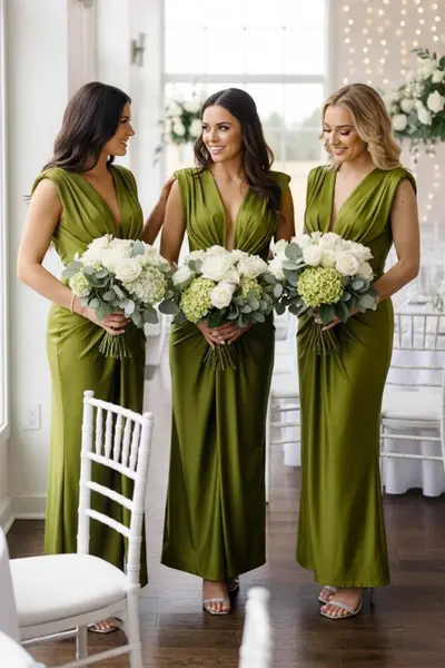 Set 3x Rochie lunga satinata Ilaria, cu croiala conica, Verde olive, Marime S/M