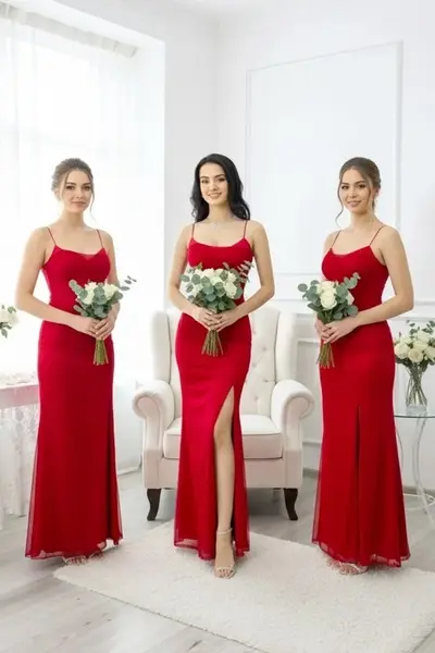 Set 3x Rochie lunga satinata MaryVelle, cu corset, Rosu, Marime S/M