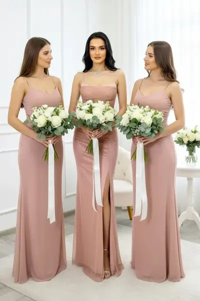 Set 3x Rochie lunga satinata MaryVelle, din colectia domnisoare de onoare, Roz pudrat, Marime S/M