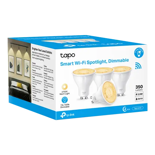 Set 4 becuri smart Wi-Fi, lumina calda 2700K ajustabila, 350 lm, GU10 - TP-Link Tapo TapoL610(4-pack)