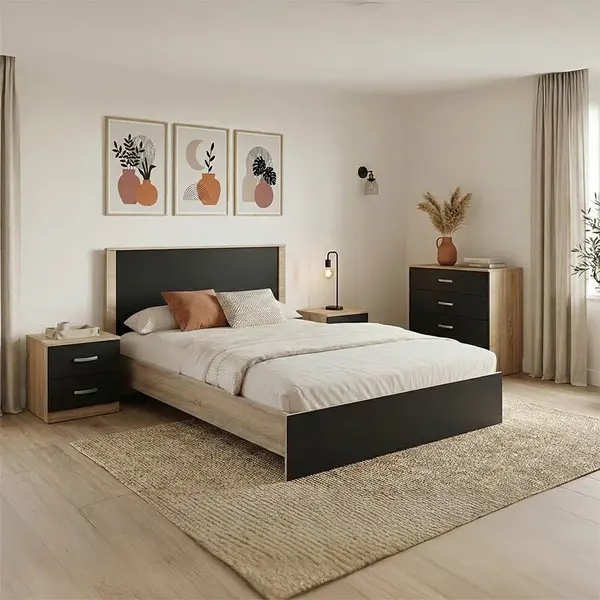 Set 4 buc. dormitor cadru pat si noptiere + comoda, Athos, Antracit, 150x206.5x96 cm