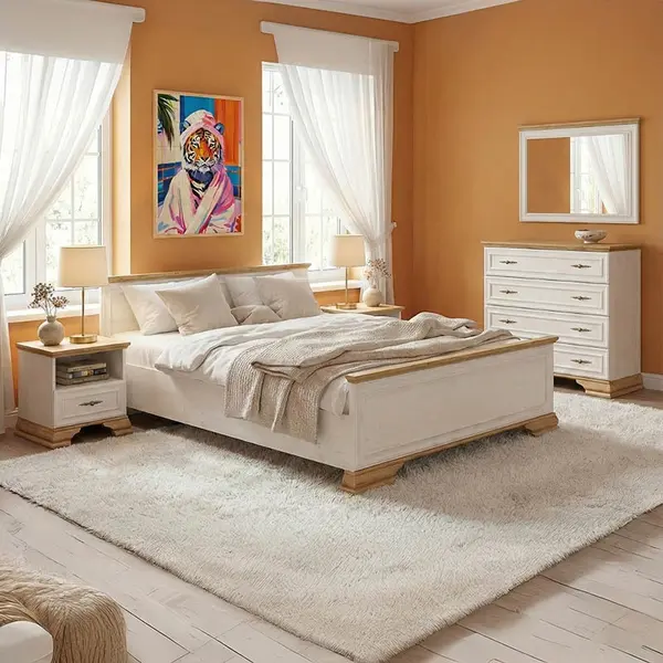 Set 4 buc. dormitor cadru pat si noptiere + comoda, Jaden, V2, Alb, 170x207.5x81 cm