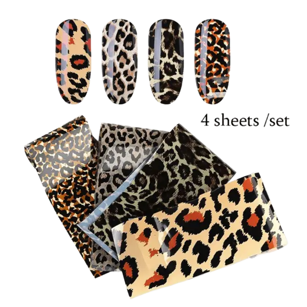 Set 4 Folii Transfer Unghii Leopard 4×20 cm | Nail Art Animal Print Profesional