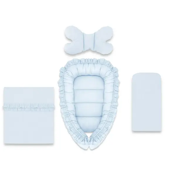 Set 4 in 1 Cosulet bebelus, MimiNu, Baby Cocoon 75x55 cm, Cu volanase, Husa bumbac, Din bumbac certificat Oeko Tex Standard 100, Cu paturica cu volanase 50x70 cm, Cu salteluta, Cu perna fluture, Colectia Royal, Blue