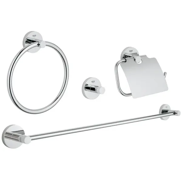 Set 4 in 1 Grohe Essentials Master 40776001, Cuier, Suport prosop si Hartie igienica, Fixare perete ascunsa, Argintiu