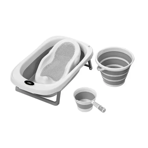 Set 4 in 1 Little Mom Grey cu cadita pliabila cu termometru display digital incoporat, reductor anatomic pentru bebelusi, galetusa pliabila si recipient pentru clatire pliabil cu maner, non-toxice, fara BPA
